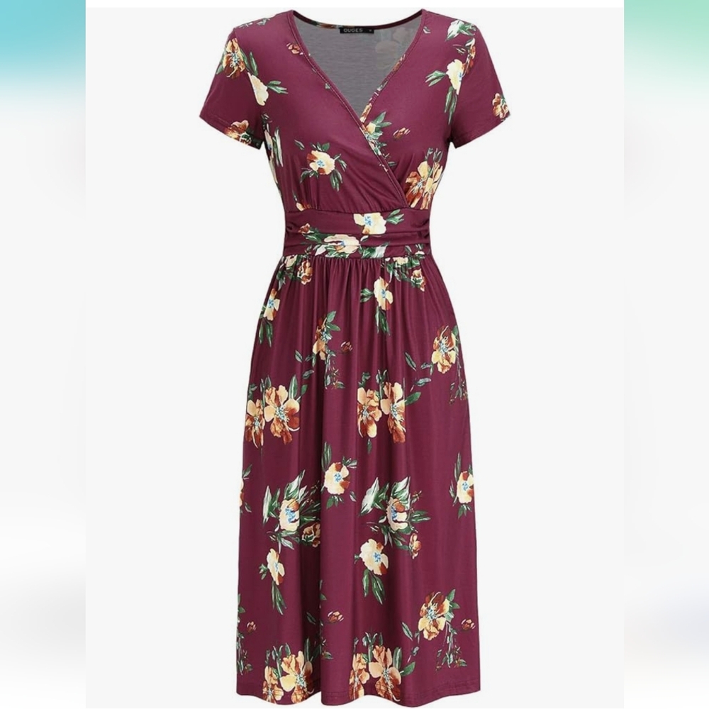 OUGES Women's Summer Short Sleeve V-Neck Floral Short Party Dress with Pockets